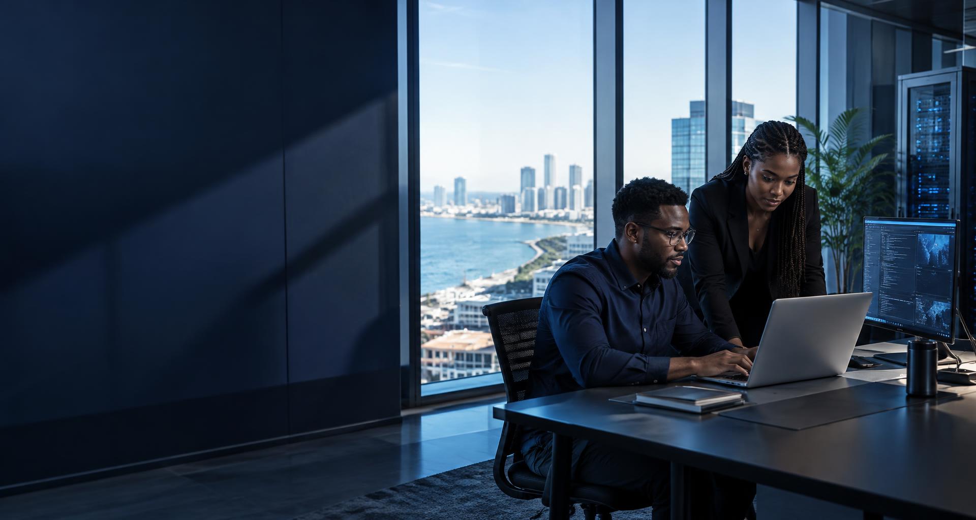 Imagem ilustrativa de profissionais de tecnologia num escritório com vista para Luanda